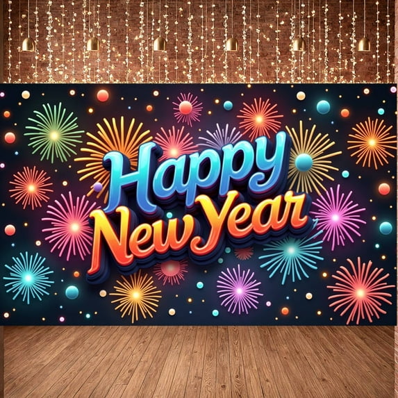 Colorful Firework New Year Banner Vibrant Design Festive Backdrop Glossy Letters Multicolor Explosion Holiday Display for New Year Party NYE Celebration Family Reunion