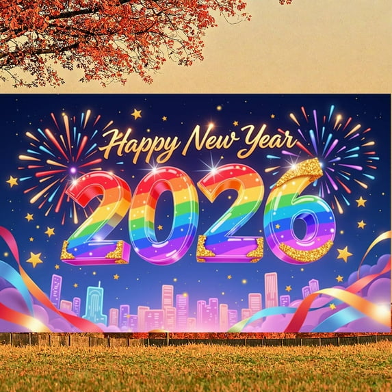 Colorful Fireworks 2026 New Year Banner Shiny Stars Happy New Year Display Champagne Glass Design Party Balloons 2026 Celebration Backdrop for New Year Party 2026 Celebration New Year Eve Event