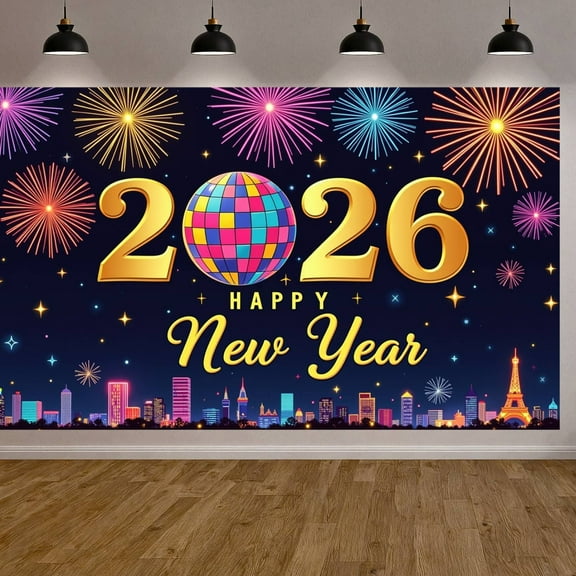 Colorful Fireworks 2026 New Year Banner Shiny Stars Happy New Year Display Champagne Glass Design Party Balloons 2026 Celebration Backdrop for New Year Party 2026 Celebration New Year Eve Event