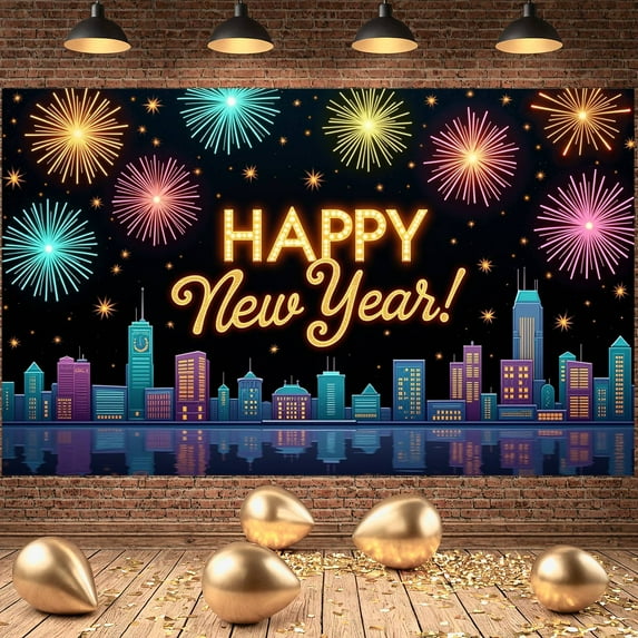 Colorful Fireworks Happy New Year Banner City Night View New Year Display Neon Lights Gold Lettering Holiday Backdrop for New Year Party Holiday Celebration Indoor Decoration