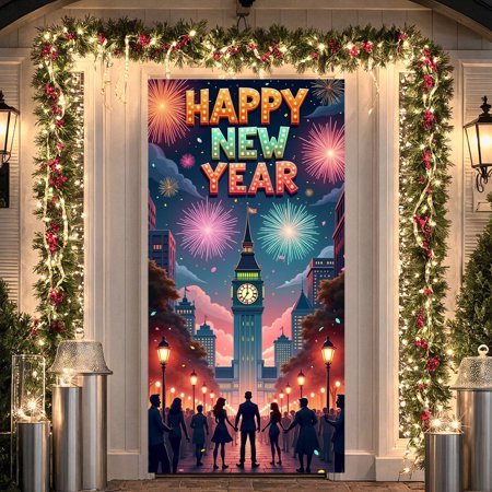 Colorful Fireworks Happy New Year Banner City Skyline New Year Display Lighted Letters Festive Atmosphere Festive Backdrop for New Year Party NYE Celebration Indoor Event