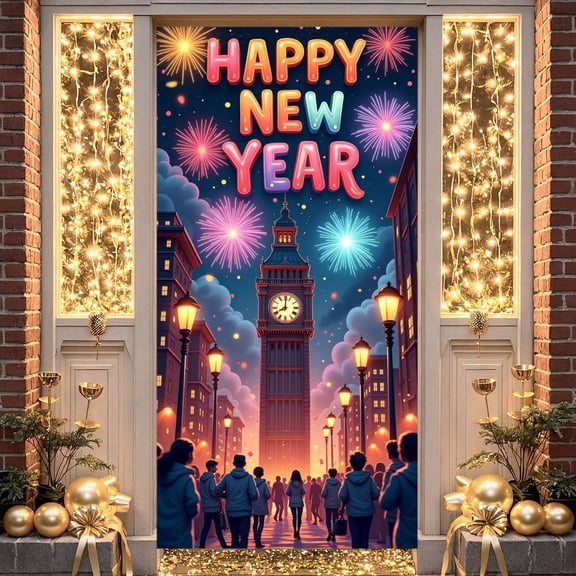 Colorful Fireworks Happy New Year Banner Clock Tower Design New Year Display Night Scene Cityscape New Year Eve Backdrop for New Year Party New Year Eve Celebration Indoor Decoration