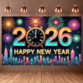 thumbnail image 1 of Colorful Fireworks Happy New Year Banner Golden Clock 2026 New Year Display City Glittering Numbers New Year Eve Backdrop for New Year Celebration 2026 Party Indoor Decoration, 1 of 9