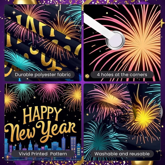 Colorful Fireworks Happy New Year Banner Golden Glitter Festival Banner City Skyline Night Scene Celebration Banner for New Year Party Holiday Celebration Indoor Decoration