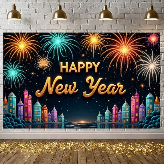Colorful Fireworks Happy New Year Banner Golden Glitter Text Festive Backdrop Starry Night Background Vibrant Castle Design NYE Background for New Year Party Holiday Celebration Family Gathering