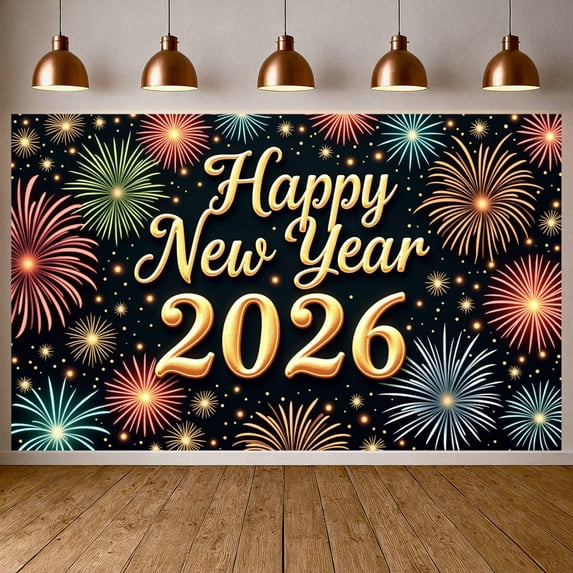 Colorful Fireworks Happy New Year Banner Golden Lettering 2026 New Year Display Festive Design Sparkling Elements New Year Backdrop for New Year Party 2026 Celebration Holiday Gathering