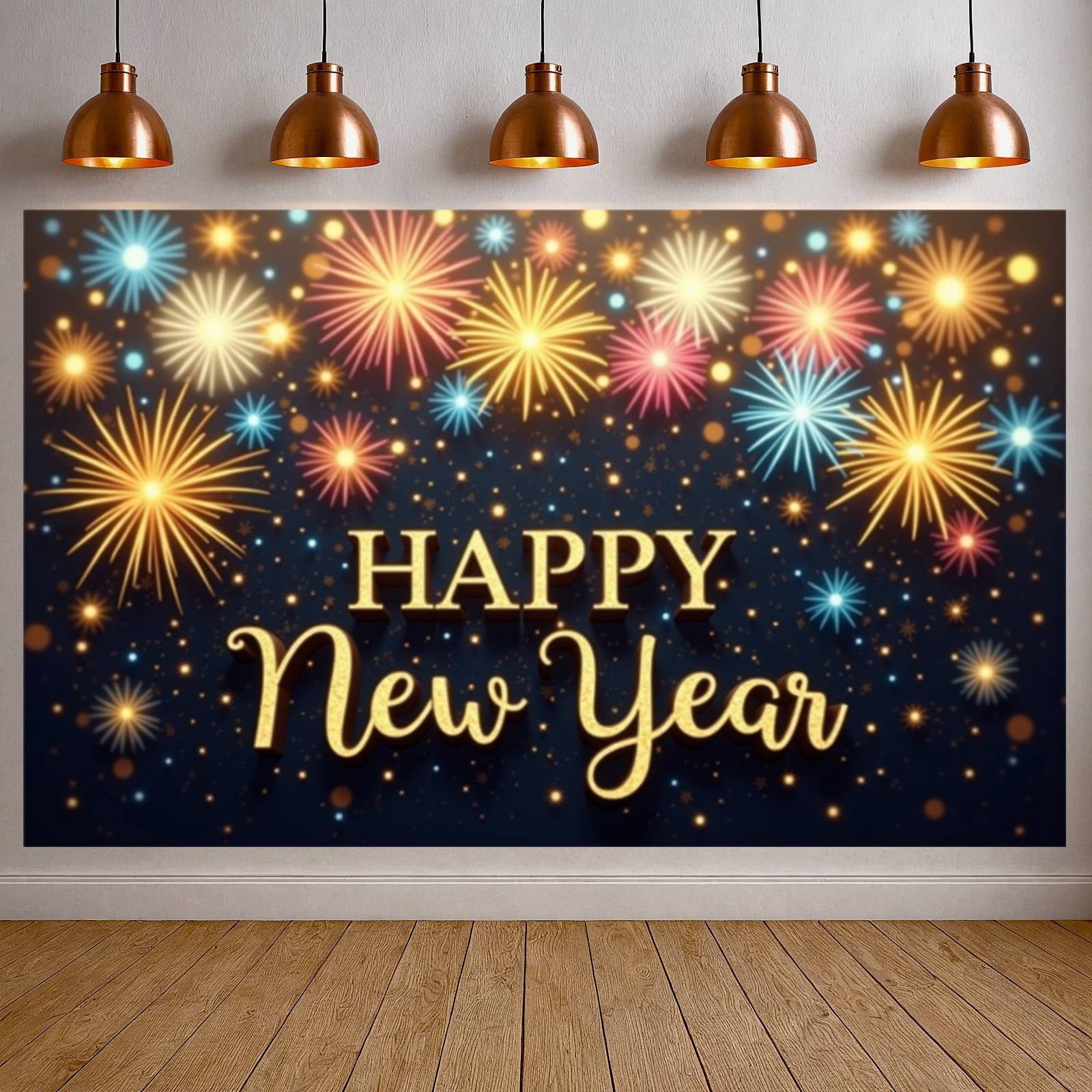 Colorful Fireworks Happy New Year Banner Golden Lettering Fireworks ...