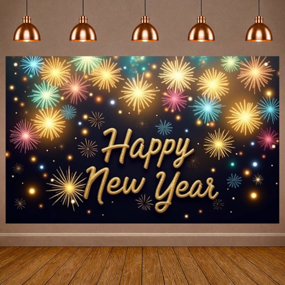 Colorful Fireworks Happy New Year Banner Golden Lettering Fireworks Backdrop Festive  Sparkling Design Holiday Display for New Year Party Holiday Celebration New Year Eve