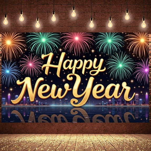 Colorful Fireworks Happy New Year Banner Golden Lettering Fireworks Backdrop Night Sky Theme City Holiday Background for New Year Party Holiday Celebration Photo Shoot