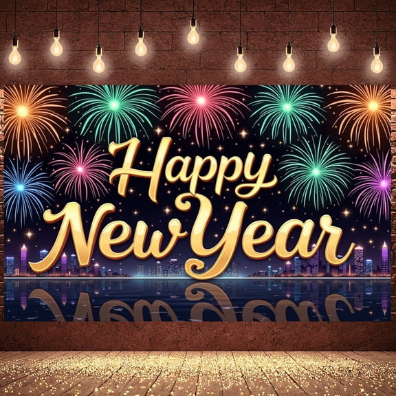 Colorful Fireworks Happy New Year Banner Golden Lettering Fireworks Backdrop Night Sky Theme City Holiday Background for New Year Party Holiday Celebration Photo Shoot