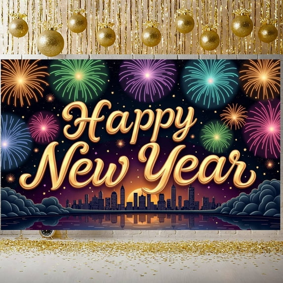 Colorful Fireworks Happy New Year Banner Golden Lettering New Year Display Cityscape Design Night Sky Theme Festive Backdrop for New Year Party Holiday Celebration Indoor Decoration