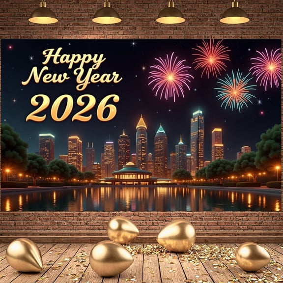 Colorful Fireworks Happy New Year Banner Golden Text 2026 New Year Display City Night View Shiny Stars New Year Backdrop for New Year Party 2026 Celebration Indoor Decoration