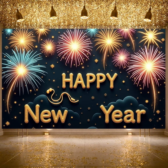 Colorful Fireworks Happy New Year Banner Golden Text Festive Backdrop Sparkling Design Glittering Elements Night Sky Theme for New Year Party Holiday Celebration Indoor Decoration