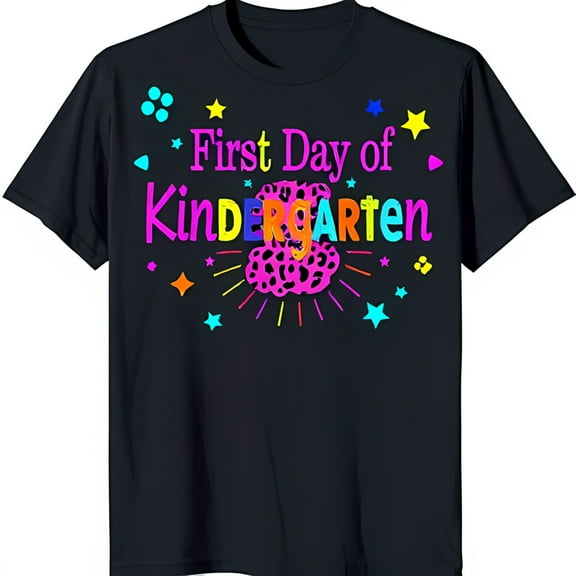 Colorful 'First Day of Kindergarten' Graphic on Black T-Shirt with Pink Print Cloud
