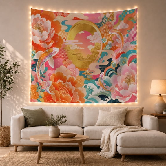 Colorful Fish Among Coral Flowers and Teal Waves, Mystical Fantasy Art for Art Lovers, Ocean Wall Decor, Christmas Gift Tapestry Wall Hanging for Bedroom, Living Room and Dorm