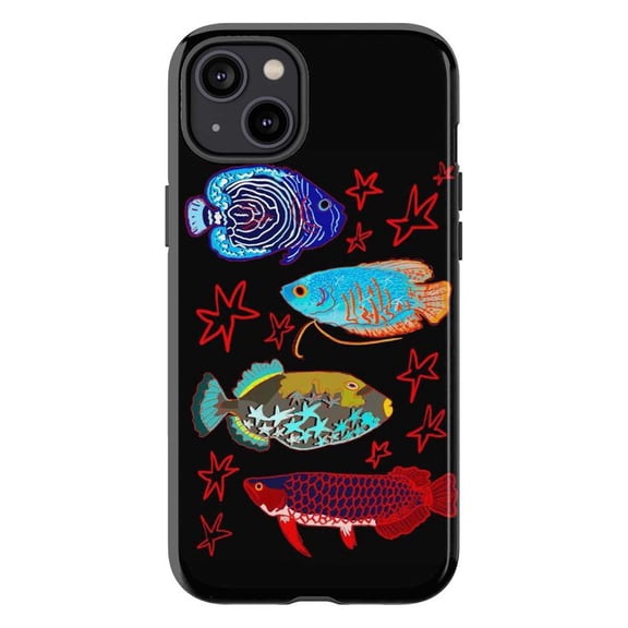 Colorful Fish Art Phone Case, Vibrant Aquarium Sea Life Design on Black Background, Protective iPhone Cover Fits iPhone 16 15 14 13 12 11 Pro Max Mini