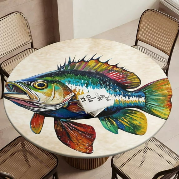 Colorful Fish Art Print Round Table Cover Kitchen Printed Waterproof Tablecloth Elastic Edged Tablecloth Fits Party Wedding Indoor Outdoor Tables