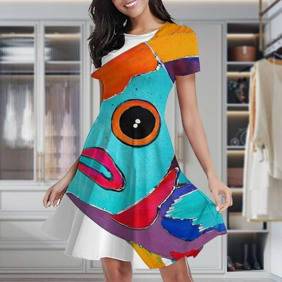 Colorful Fish Art Print Women's Classic Swing Skater Dress Casual Work Party Cocktail Dresses