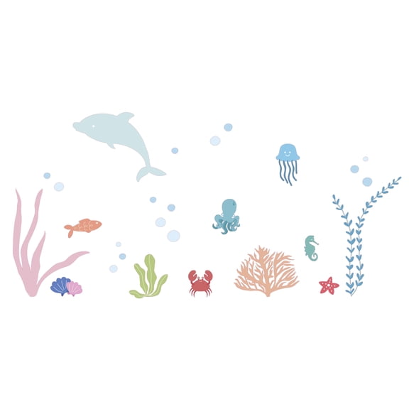 Colorful Fish Artwork for Kid's Bedroom Vinyl Wall Decal - Ocean Marine Animal Silhouette Art Design for Nursery Wall Decoration - Dolphin, Jellyfish, Octopus, Crabs, Starfish and Seahorse Coral Reef
