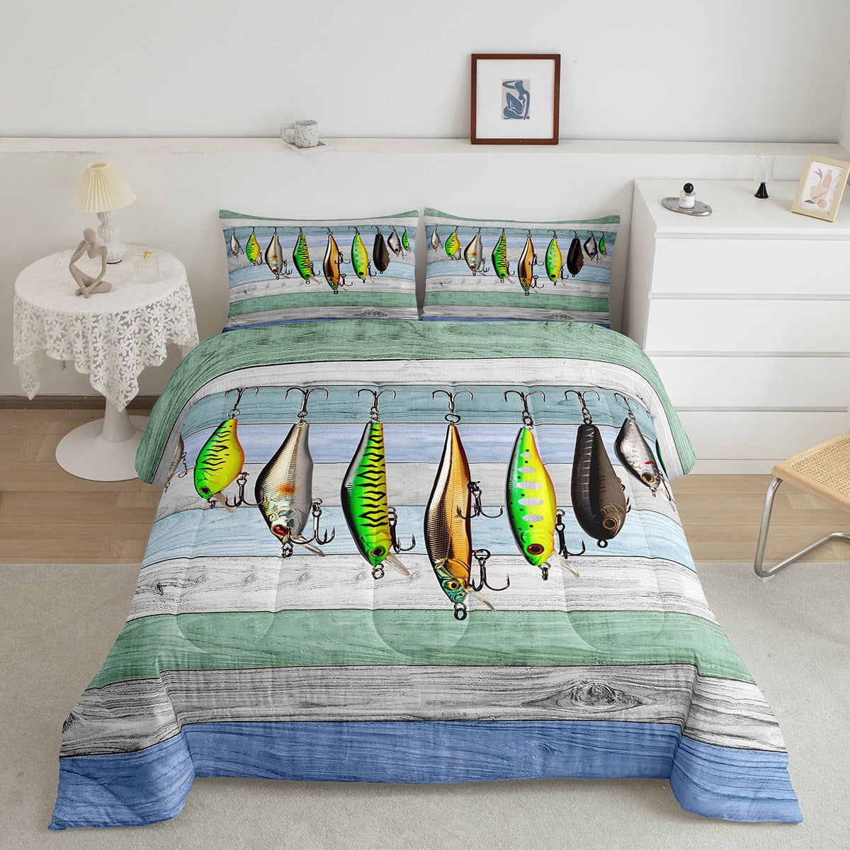 Colorful Fish Bedding Set Twin, Fish Hook Fishing Comforter Set for