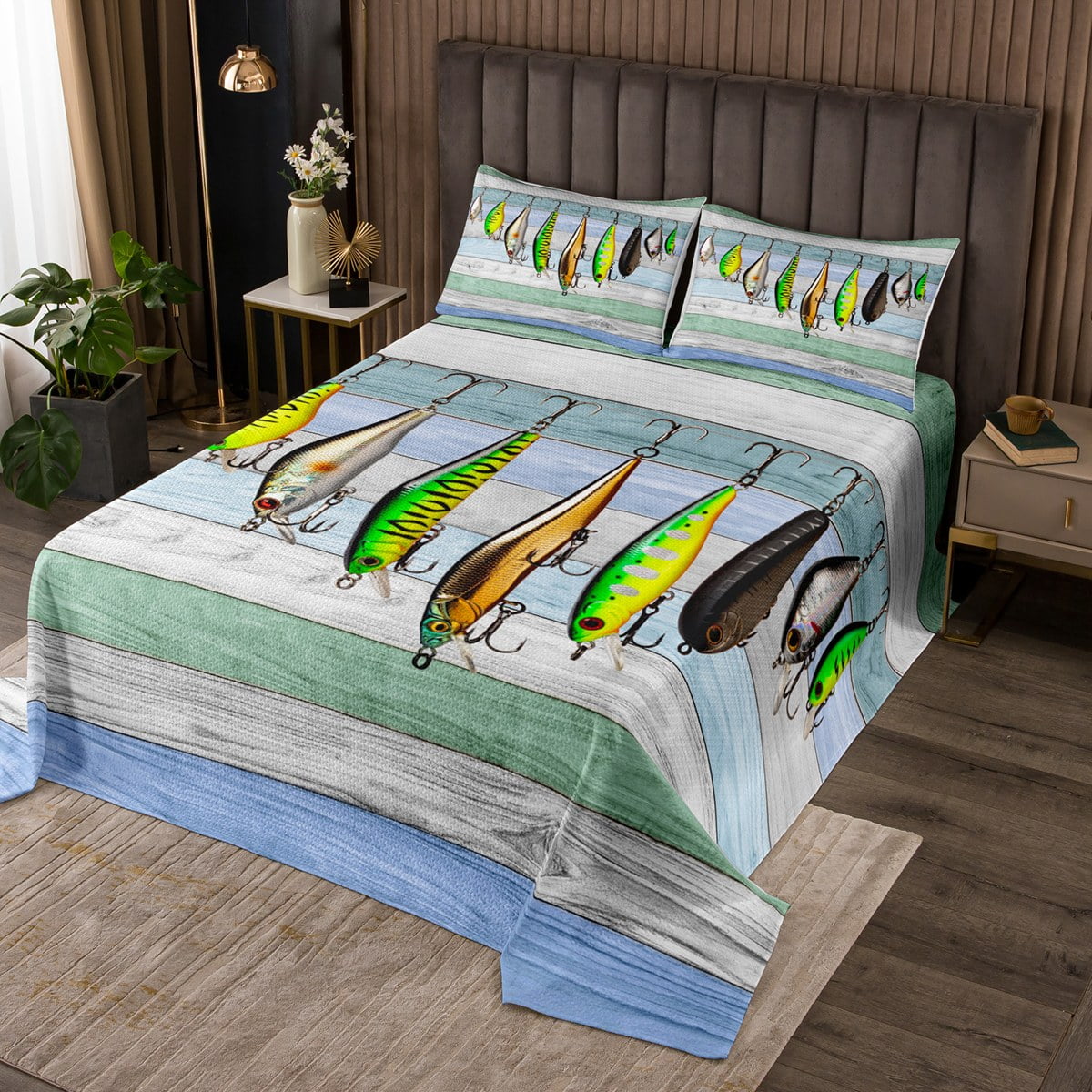 Colorful Fish Bedspread Set Twin, Fish Hook Fishing Quilt Set for Kids