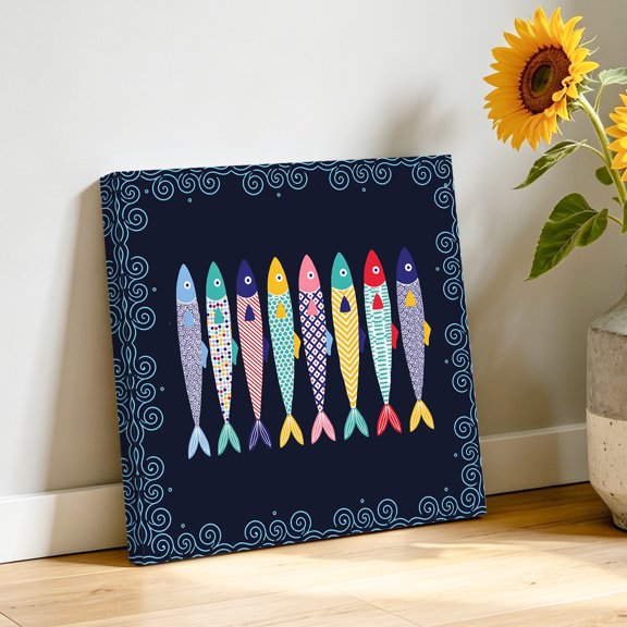 Colorful Fish Canvas Wall Art, Coastal Nautical Vintage Rustic Blue Swirl Frame Pictures Wall Decor Wooden Framed Artwork Art Prints for Living Room Hallway Bedroom Office 10"x10"