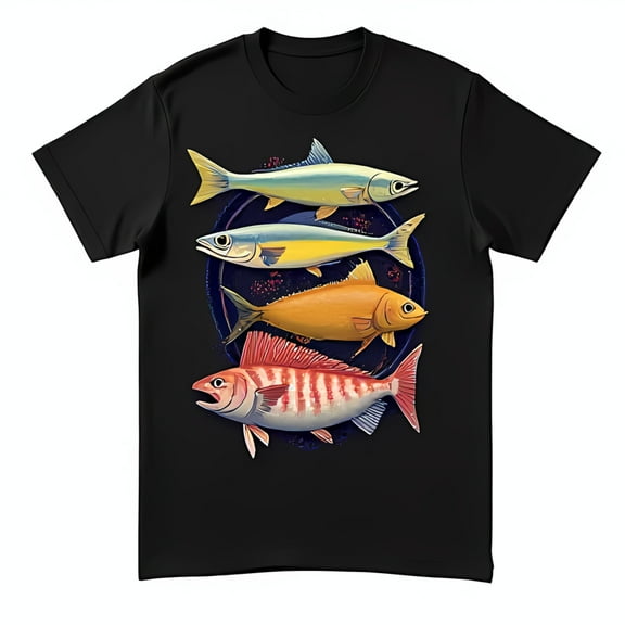 Colorful Fish Circle Design Black T-Shirt Red Yellow Blue & White Fish