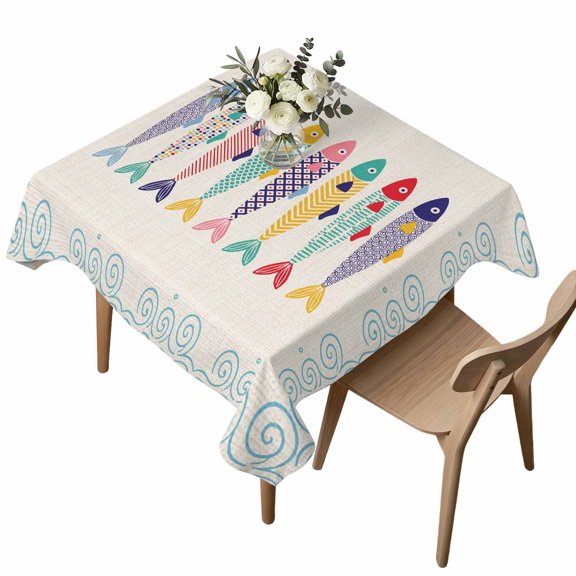 Colorful Fish Coastal Table Cloth, Waterproof Tablecloth for Square Tables, Nautical Summer Ocean Sea Rustic Washable Fabric Table Cover for Restaurant Kitchen Dining Tables 54"x54"