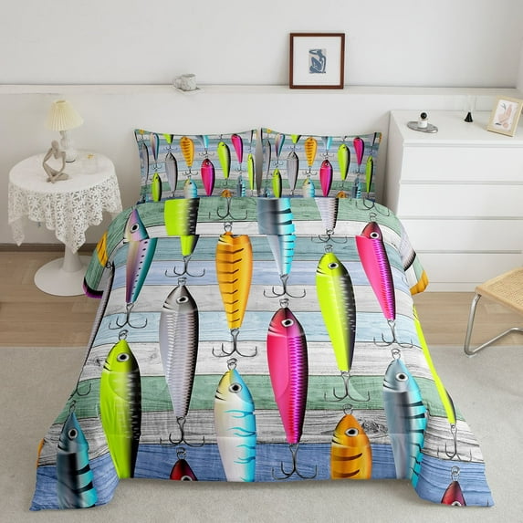 YST Colorful Fish Comforter Set Queen, Fish Hook Fishing Bedding Set for Kids Boys Girls Teens, Western Rustic Farmhouse Down Comforter Cabin Lodge Decor, Soft Breathable Duvet Insert, 3Pcs