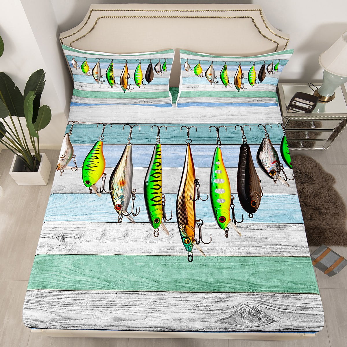 Colorful Fish Fitted Sheet Twin, Fish Hook Fishing Bed Sheets Set for
