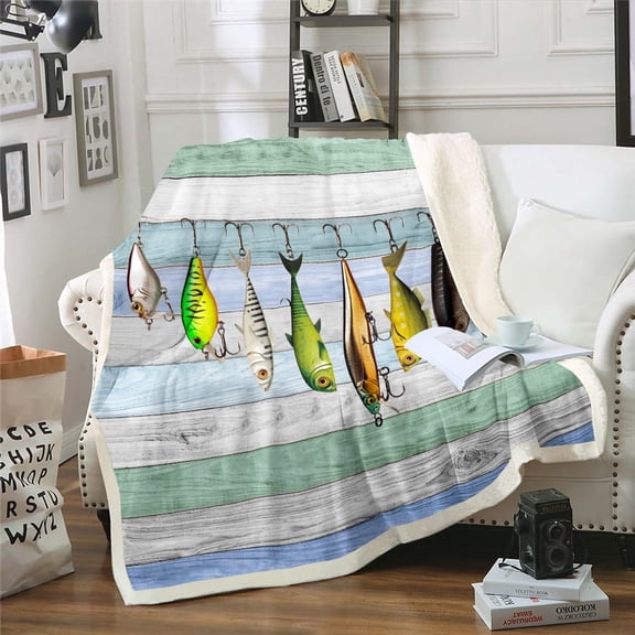 Colorful Fish Fleece Blanket Twin Size, Fish Hook Fishing Throw Blanket Teens, Rustic Farmhouse Sherpa Blanket for Sofa Bed Couch Bedroom, Western Style Plush Bed Blanket