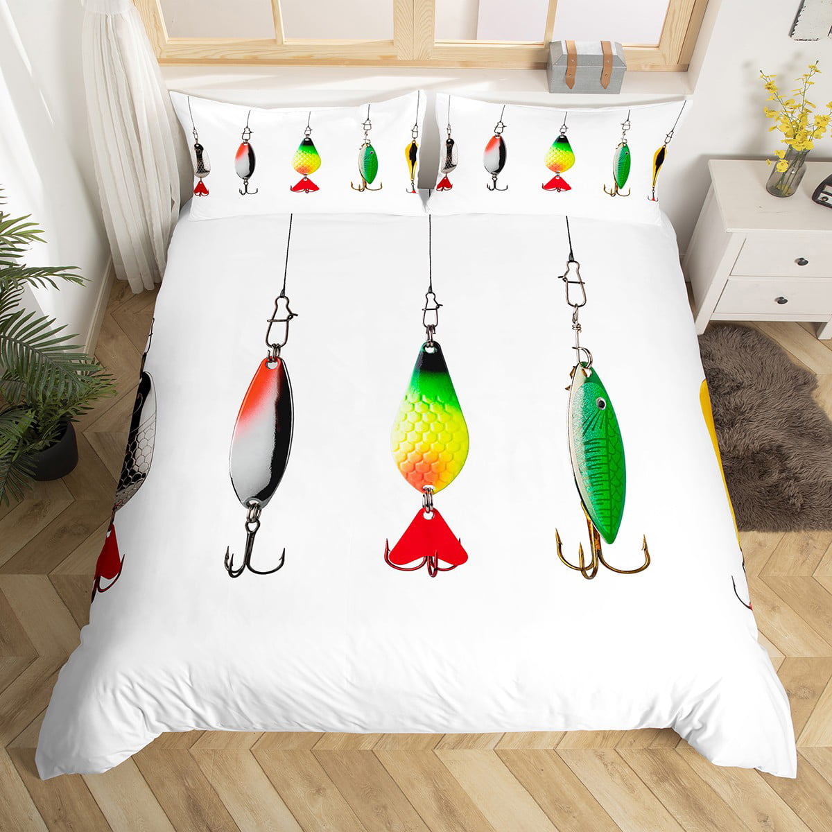 Colorful Fish Hook Comforter Cover Fishing Gear Duvet Cover for Kids Boys  Girl,Fishing Line Bedding Set Fish Equipment King Bed Set,Angling Hobby  Activity Room Decor,Fishing Gifts for Men 
