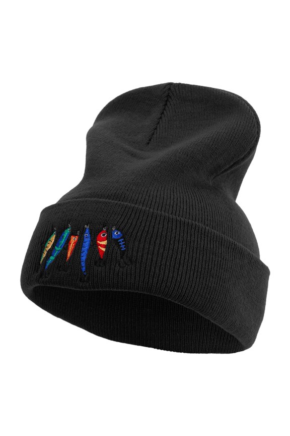 Colorful Fish Hook Embroidered 12 Inch Long Knitted Beanie - Black OSFM