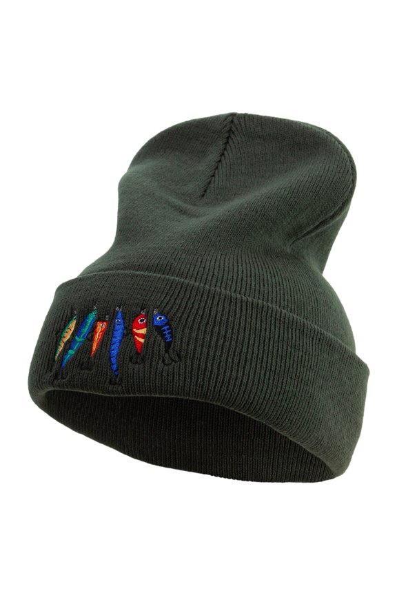Colorful Fish Hook Embroidered 12 Inch Long Knitted Beanie - Dk Green OSFM
