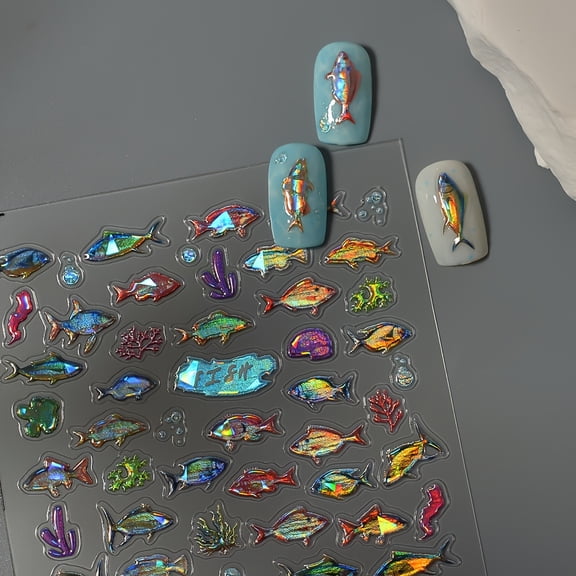 Colorful Fish Nail Art Stickers Shells Luster Creative Deep Sea Salted Fish Nail Stickers with Self-Adhesive Backing Faux Water Decals Nail Stickers