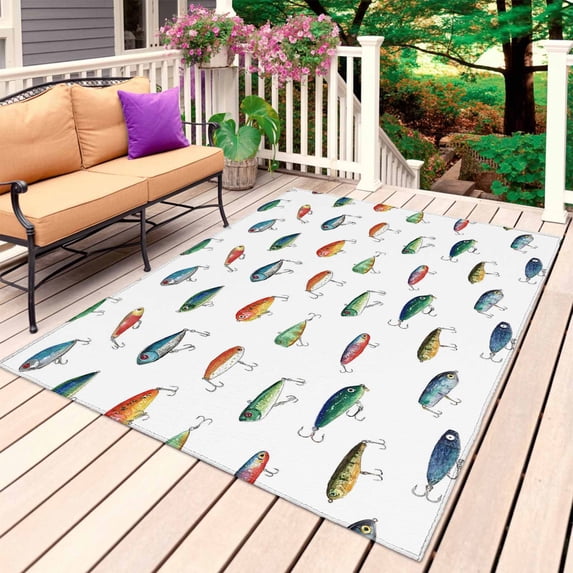 Colorful Fish Outdoor Rug 3x5 Ft, Non Slip Washable Area Rug, Watercolor Cartoon Fishing Patio Rugs Carpet Runner, Large Floor Mat for Indoor/Outdoor Deck Porch Camping