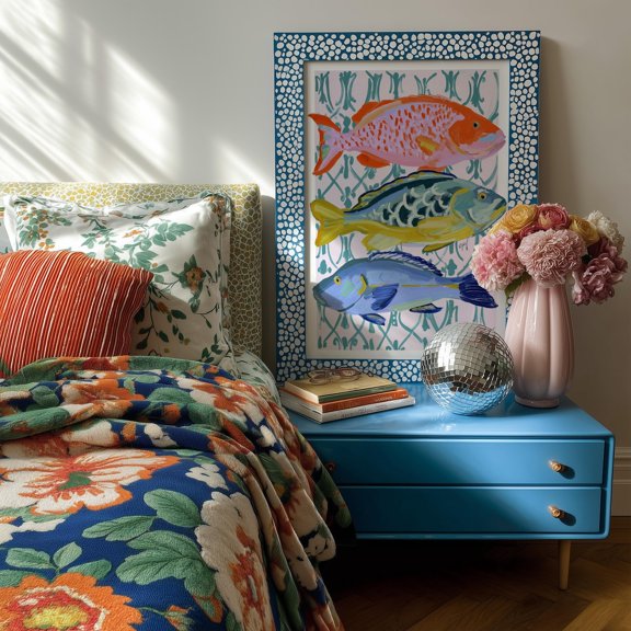 Colorful Fish Painting: Coastal Kitchen Wall Art Print UNFRAMED