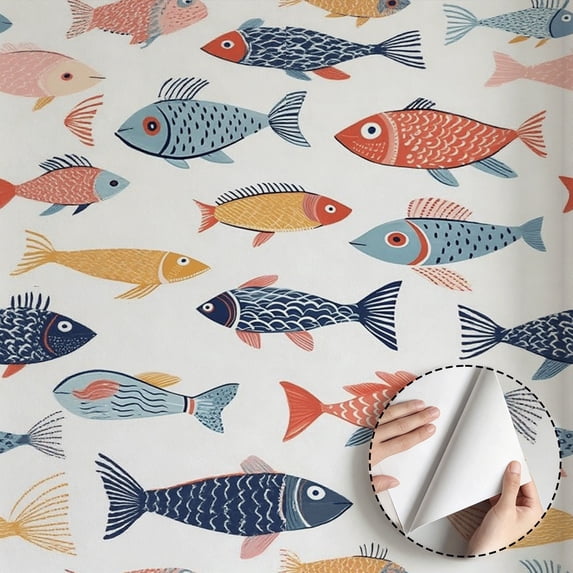 Colorful Fish Pattern Wallpaper, Modern Quirky Style, Peel and Stick Wallpaper, Waterproof Wall Decoration for Bathroom, Kitchen Cabinet, Dorm Room, Living Room, 17.7 * 118 in