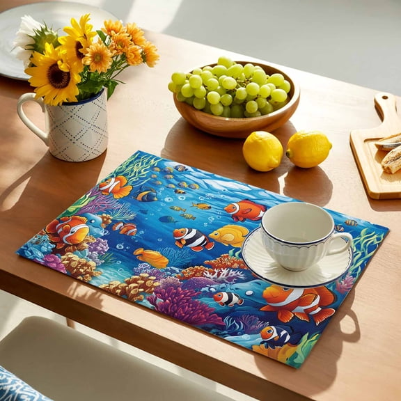 Colorful Fish Placemats Set of 1, Bubble Seagrass Coral Non-Slip Place Mats Washable Table Mats for Kitchen Dining Table Decorations Indoor/Outdoor