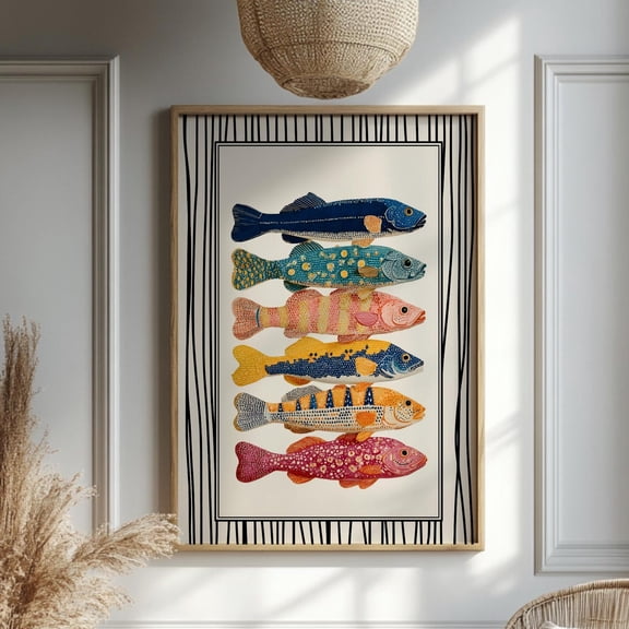 Colorful Fish Poster, Retro Coastal Kitchen Wall Art, Unframed Paper Poster 8x10in