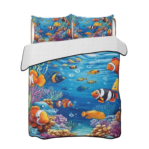Colorful Fish Quilts Bedding Set Queen Size Bubble Seagrass Coral Lightweight Quilted Bedspread 3 Piece Bed Quilt with 2 Pillow Shams All Season for Bedroom 78" x 90"