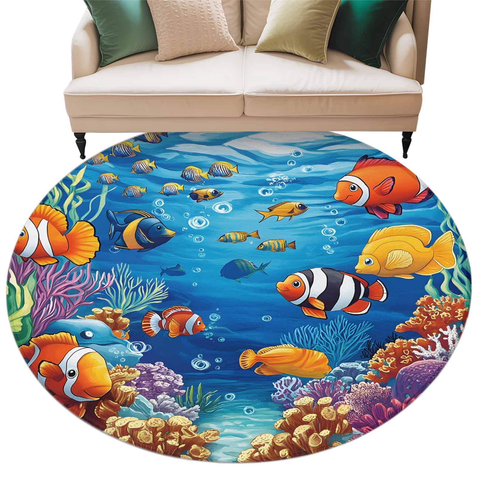 Colorful Fish Round Area Rug 6 ft Bubble Seagrass Coral Underwater ...