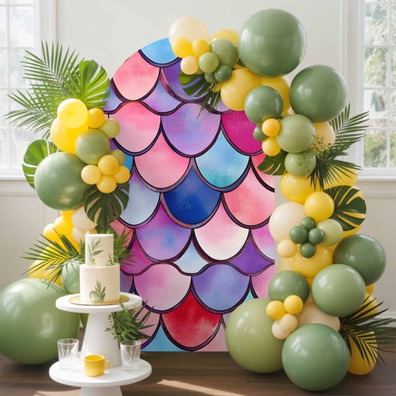 Colorful Fish Scale Arch Backdrop Cover, 5FT, Summer Beach Coastal Spandex Arch Covers Double-Sided Backdrop for Wedding Birthday Party Photo Background Decoration