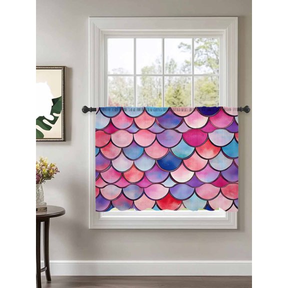 Colorful Fish Scale Sheer Curtains 45 Inch Long 1 Panel Summer Beach Coastal Rod Pocket Voile Cafe Curtains Light Filtering Small Window Treatments for Kitchen Basement 52" x 45"