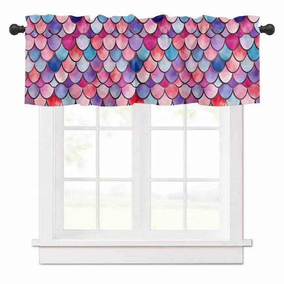 Colorful Fish Scale Valances for Windows Summer Beach Coastal Rod Pocket Curtain Valance Window Treatment Short Curtains for Kitchen Living Room, 58"x16"