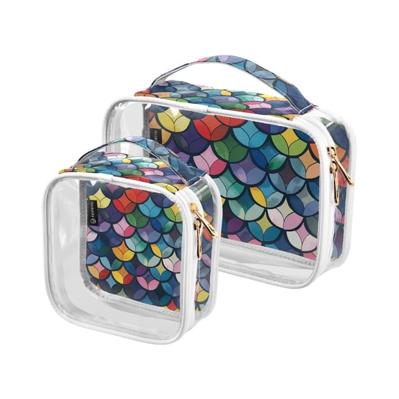 Colorful Fish Scales Clear Cosmetic Bags with Handles PVC Toiletry Bags Zipper Waterproof Portable for Traveling 2 Pcs