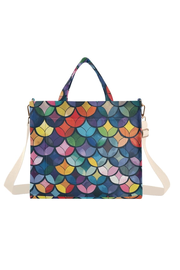 Colorful Fish Scales Corduroy Tote Bag Handbag Large Messenger Bag Shoulder Crossbody Zipper Bag Purse