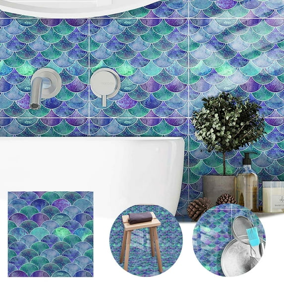 Colorful Fish Shape Tile Stickers Kitchen Bathroom Wall Decoration Blue