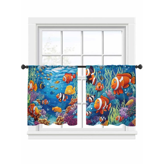 Colorful Fish Sheer Curtains 45 Inch Long 2 Panels, Bubble Seagrass Coral Underwater World Light Filtering Rod Pocket Curtains, Sheer Voile Drapes for Living Room Bedroom, 52"x45"