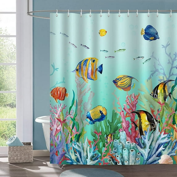 Colorful Fish Shower Curtain, Ocean Underwater World Tropical Fishes Coral Bathroom Decor Polyester Fabric Waterproof Bath Curtain with 12 Hooks